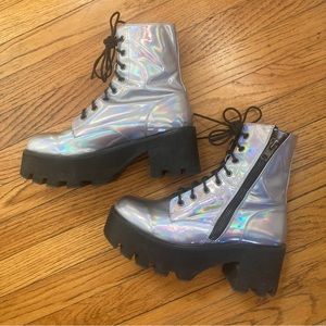 Opalescent Iridescent Platform Combat Boots by Current Mood
